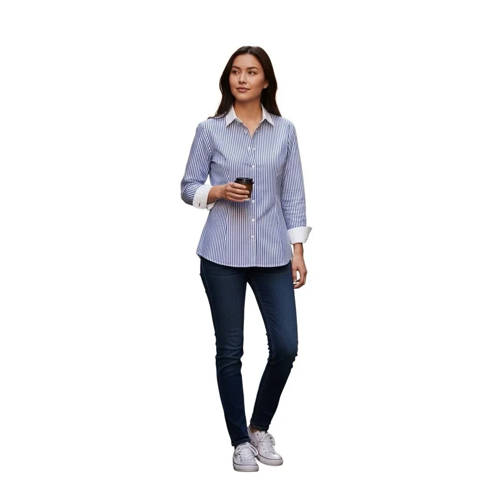 Brooks Brothers Red Fleece Womens 0 Blue White Stripe Button Down Cotton Shirt - Picture 3 of 8